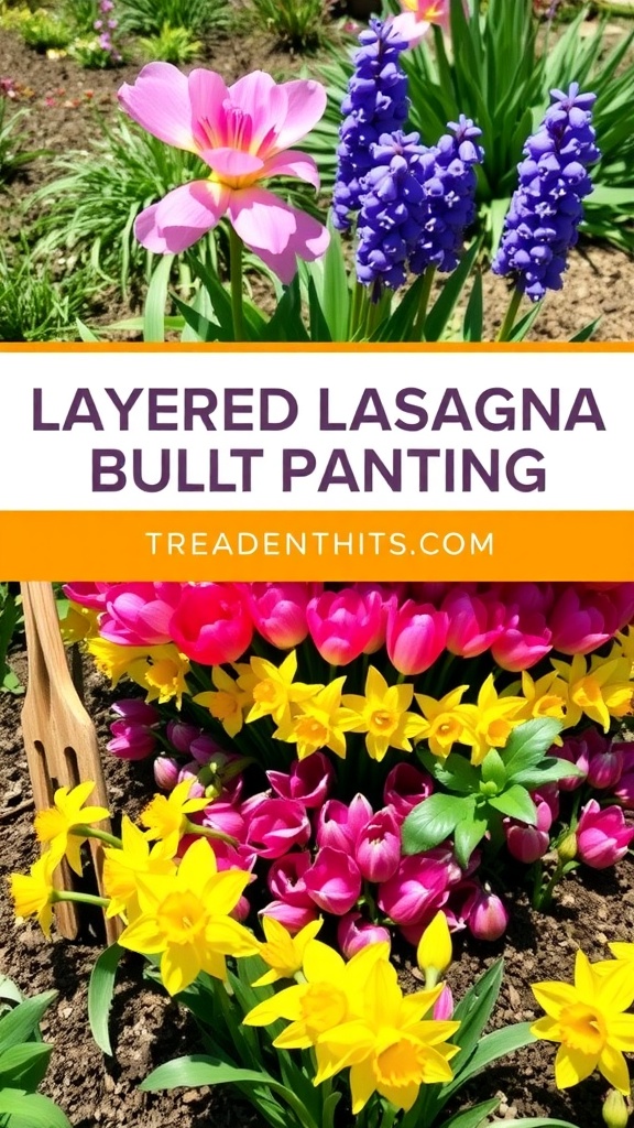 A colorful layered garden with daffodils, tulips, and hyacinths showcasing the lasagna bulb planting technique.
